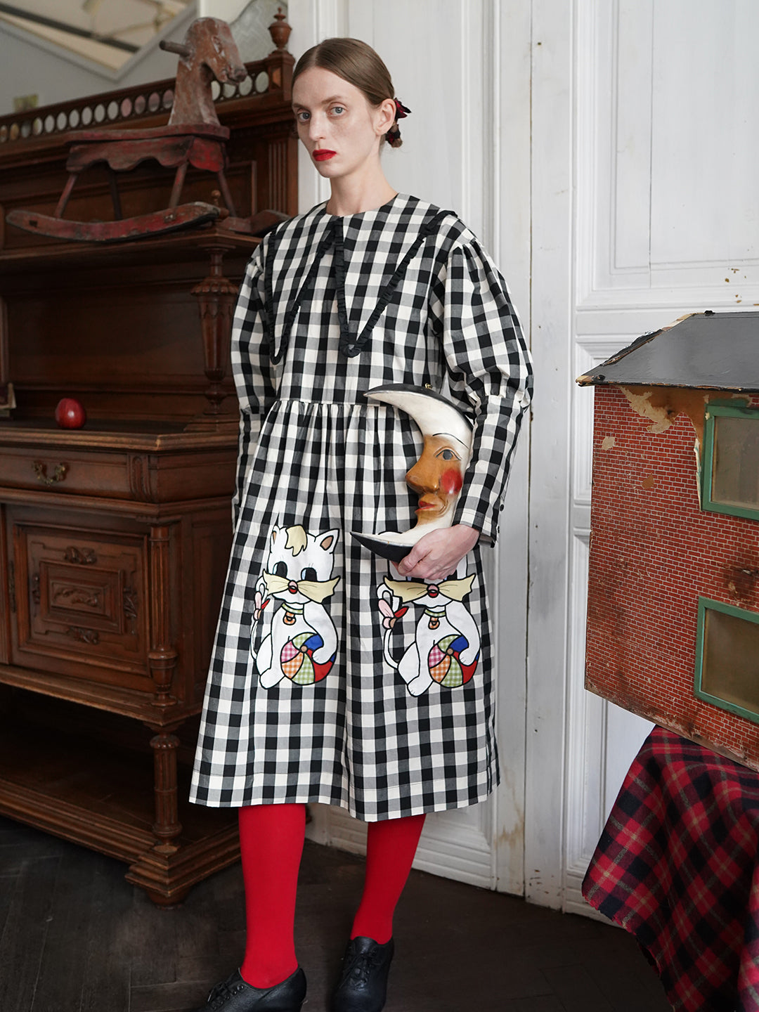 Unlogical Poem Retro-style Cat Embroidered Gingham Gigot Sleeve Flax Dress