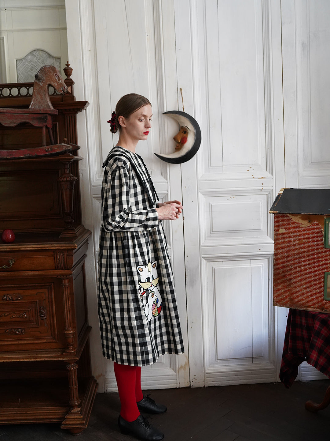 Unlogical Poem Retro-style Cat Embroidered Gingham Gigot Sleeve Flax Dress