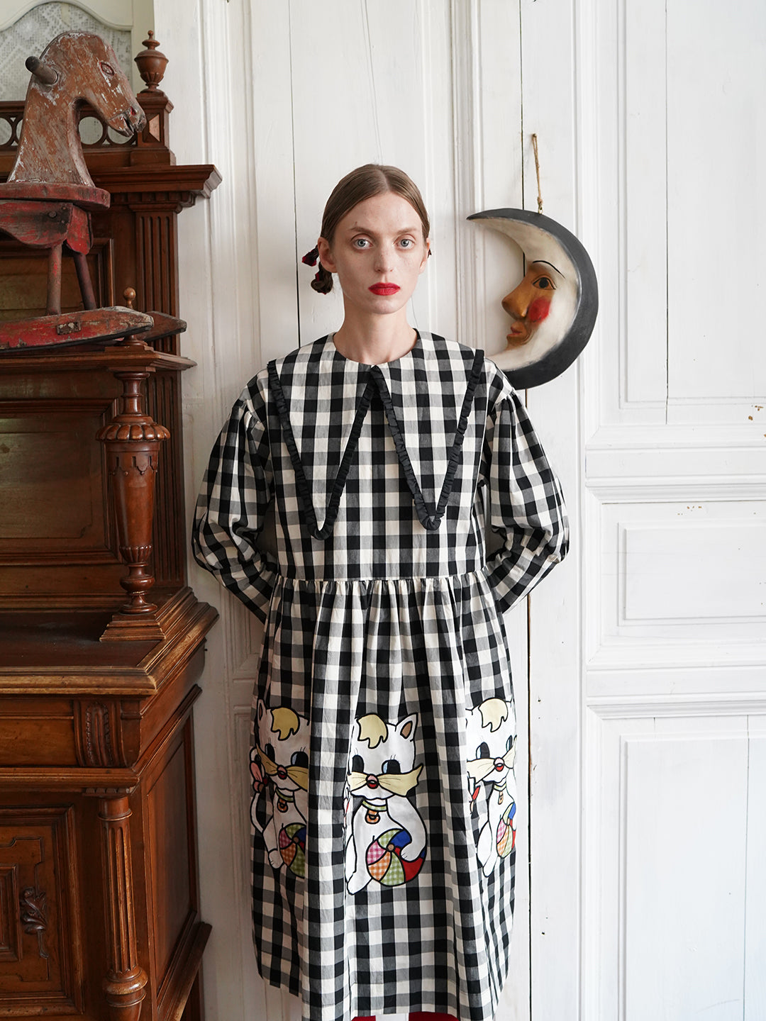 Unlogical Poem Retro-style Cat Embroidered Gingham Gigot Sleeve Flax Dress