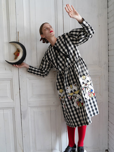 Unlogical Poem Retro-style Cat Embroidered Gingham Gigot Sleeve Flax Dress