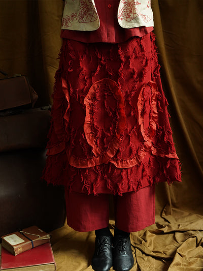 Unlogical Poem Jacquard Tassel Ruffle Lace Red Skirt