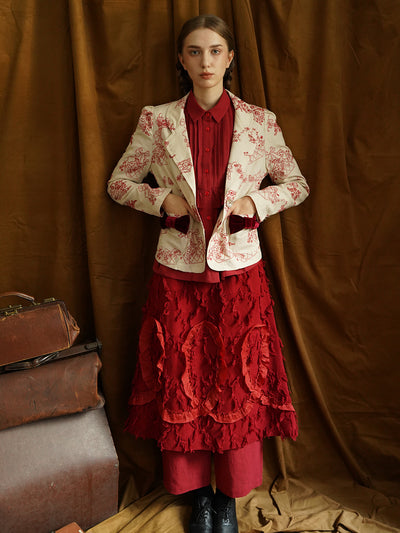 Unlogical Poem Red Illustration Embroidered Velvet Bow-knot Ramie Blazer