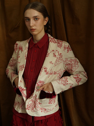 Unlogical Poem Red Illustration Embroidered Velvet Bow-knot Ramie Blazer