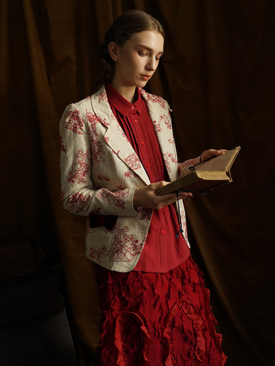 Unlogical Poem Red Illustration Embroidered Velvet Bow-knot Ramie Blazer