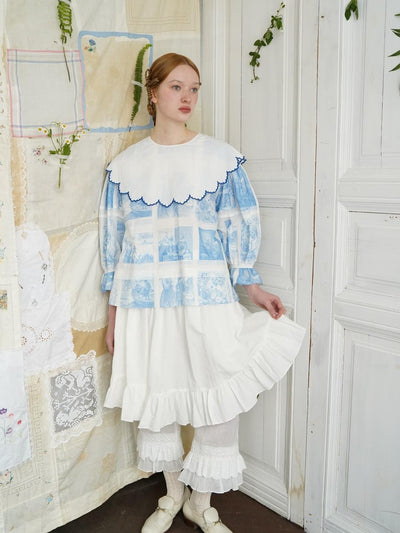 Unlogical Poem  Cape Collar Embroidery  Print and Puff Sleeves Blouse