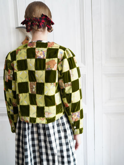 Unlogical Poem Retro-style Velvet and Yarn-dyed Patchwork Green Blazer
