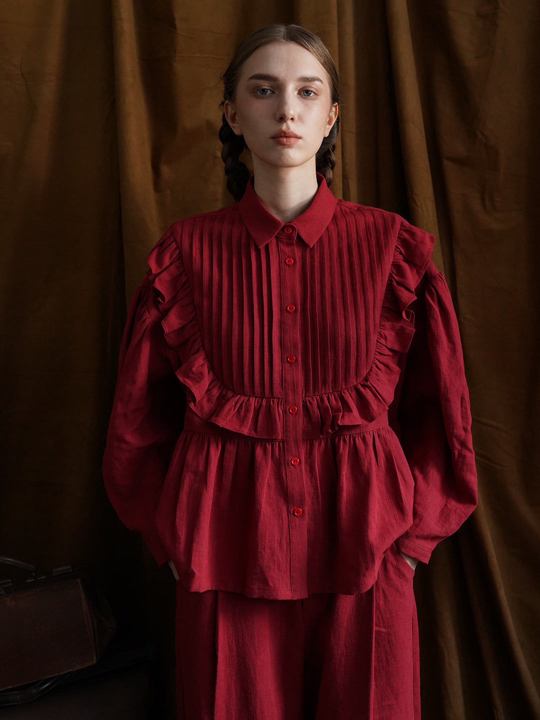 Unlogical Poem Victorian style Pleated Yellow/Red Ramie Shirt