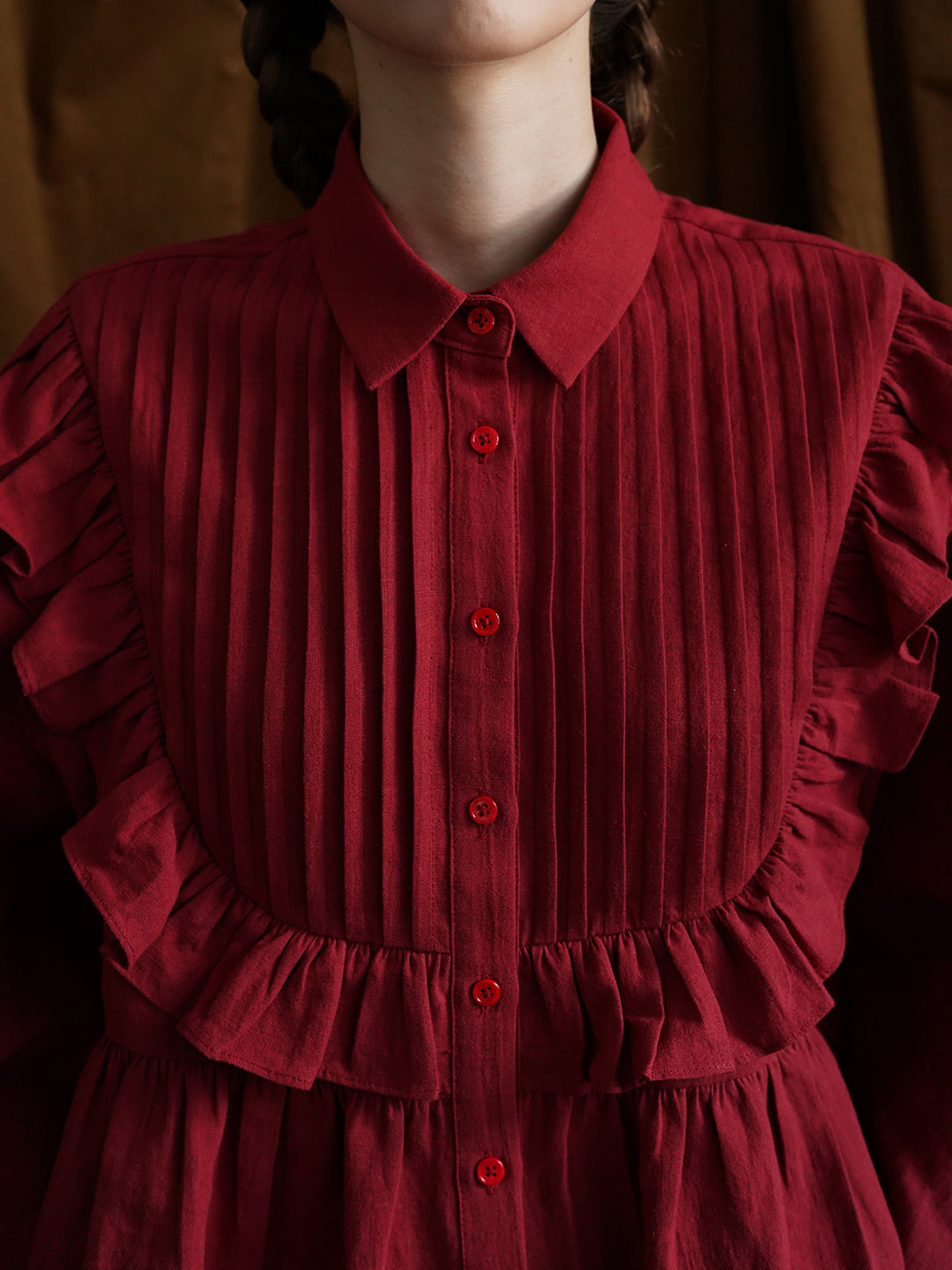 Unlogical Poem Victorian style Pleated Yellow/Red Ramie Shirt