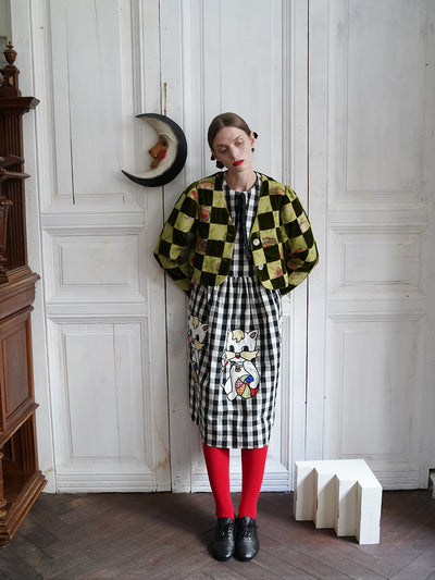 Unlogical Poem Retro-style Velvet and Yarn-dyed Patchwork Green Blazer