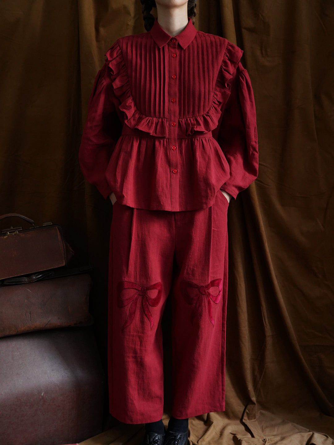 Unlogical Poem Victorian style Pleated Yellow/Red Ramie Shirt