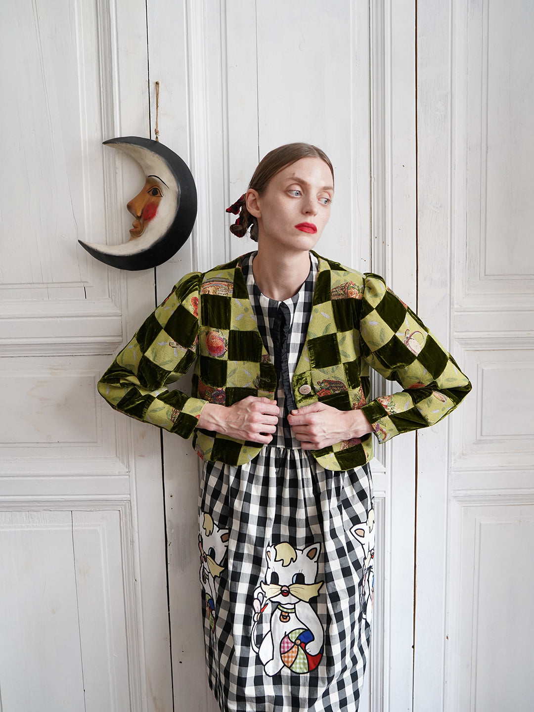 Unlogical Poem Retro-style Velvet and Yarn-dyed Patchwork Green Blazer