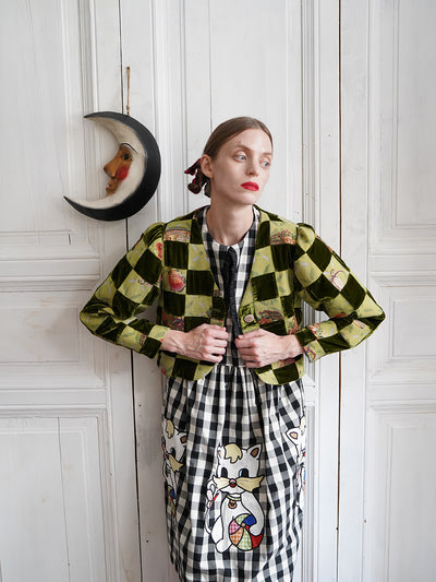 Unlogical Poem Retro-style Velvet and Yarn-dyed Patchwork Green Blazer