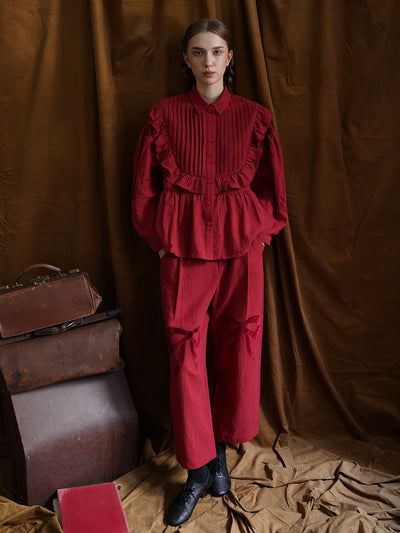 Unlogical Poem Victorian style Pleated Yellow/Red Ramie Shirt