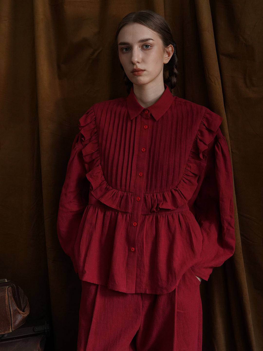 Unlogical Poem Victorian style Pleated Yellow/Red Ramie Shirt