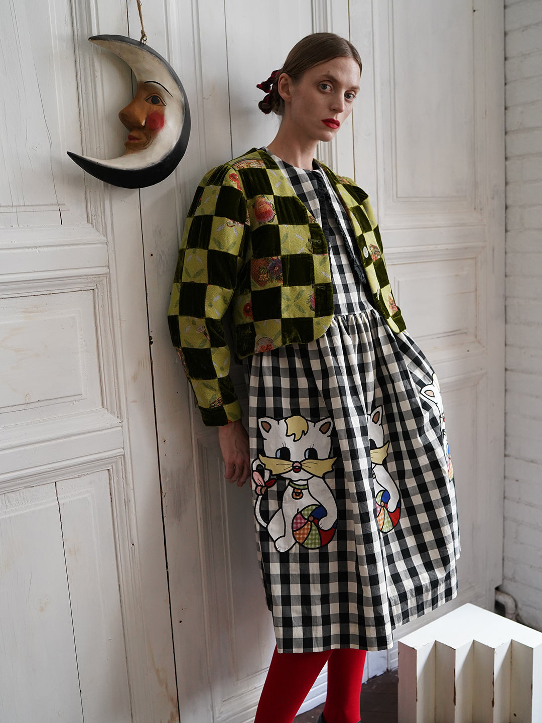 Unlogical Poem Retro-style Velvet and Yarn-dyed Patchwork Green Blazer