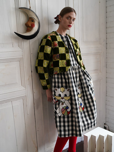 Unlogical Poem Retro-style Velvet and Yarn-dyed Patchwork Green Blazer