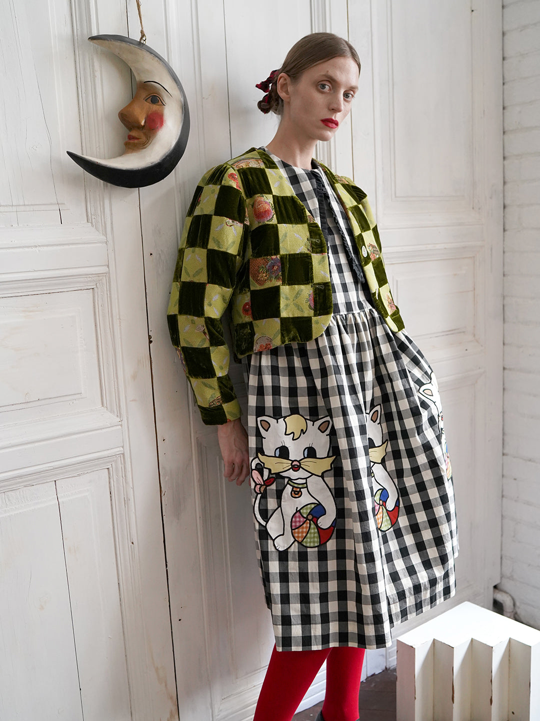 Unlogical Poem Retro-style Velvet and Yarn-dyed Patchwork Green Blazer