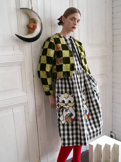 Unlogical Poem Retro-style Velvet and Yarn-dyed Patchwork Green Blazer