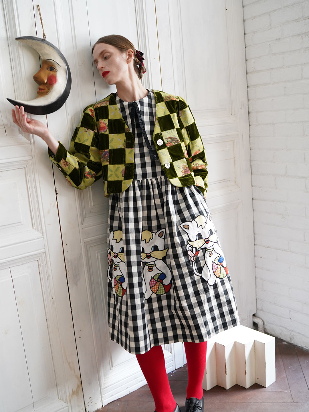 Unlogical Poem Retro-style Velvet and Yarn-dyed Patchwork Green Blazer