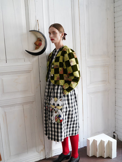 Unlogical Poem Retro-style Velvet and Yarn-dyed Patchwork Green Blazer