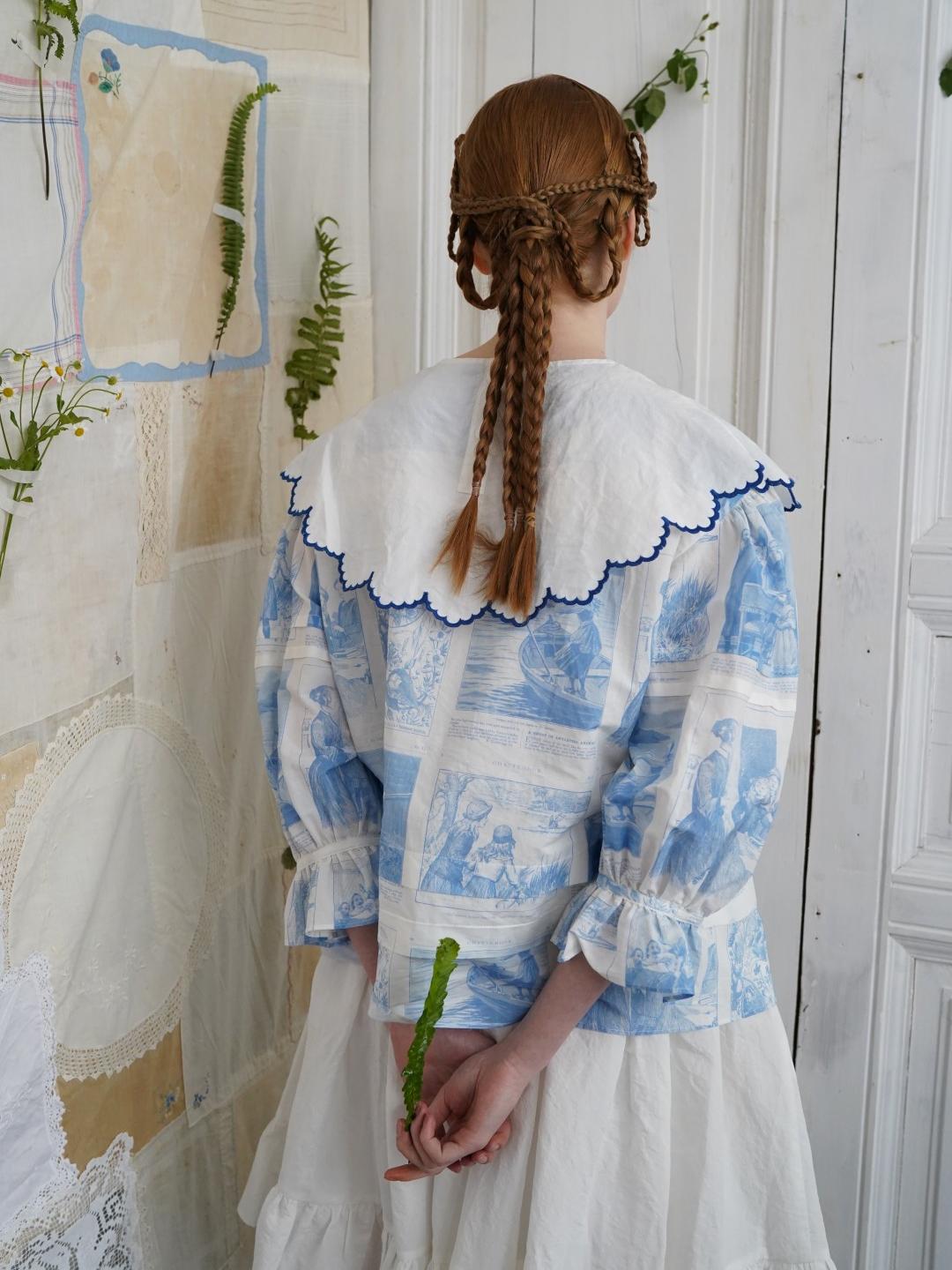 Unlogical Poem  Cape Collar Embroidery  Print and Puff Sleeves Blouse