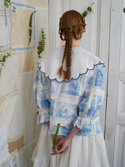 Unlogical Poem  Cape Collar Embroidery  Print and Puff Sleeves Blouse