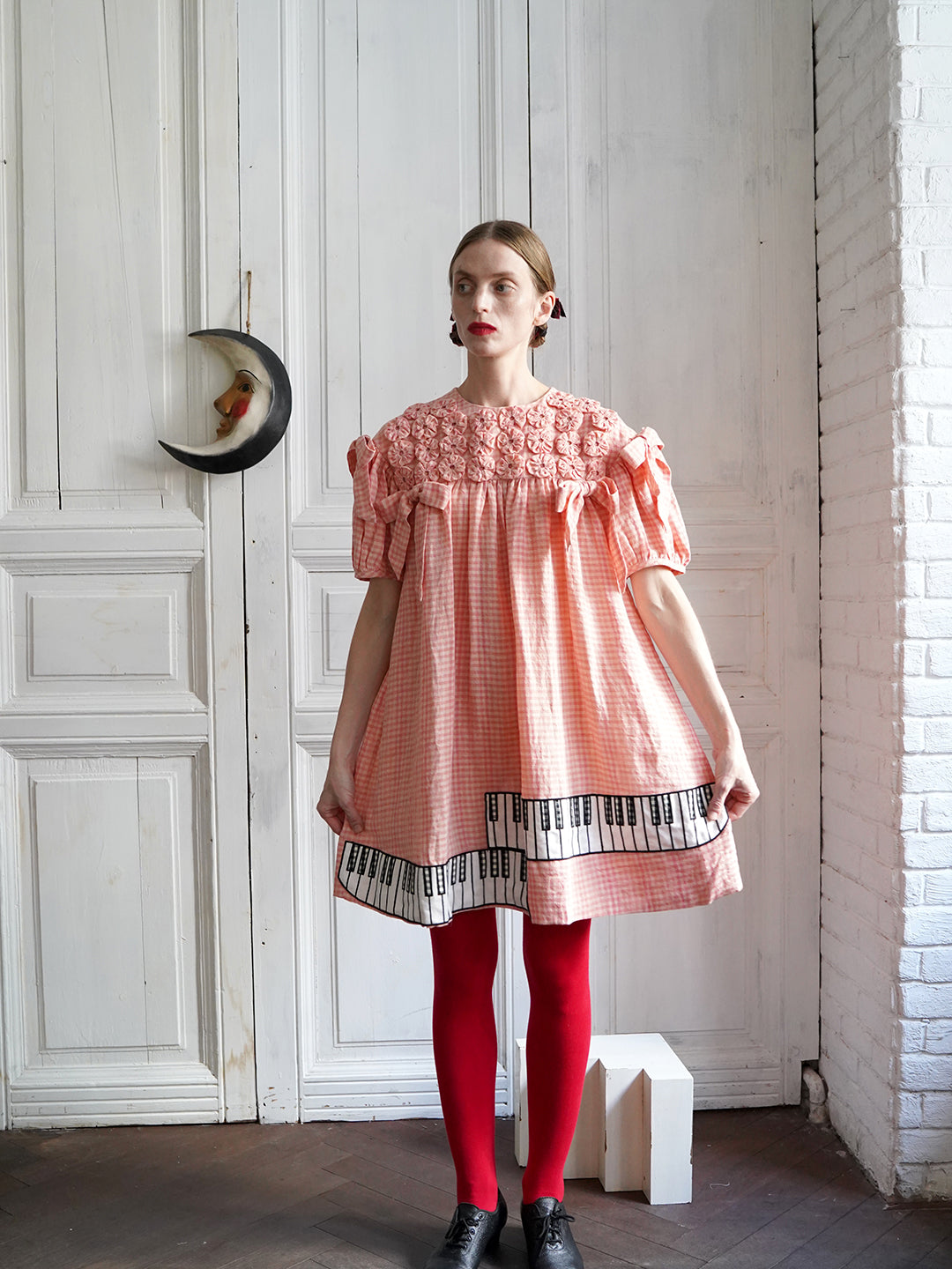 Unlogical Poem Handmade Yoyo Flower Bow Piano Embroidered Linen Bud Dress