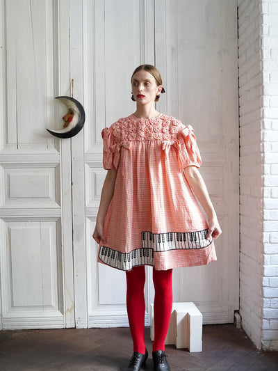 Unlogical Poem Handmade Yoyo Flower Bow Piano Embroidered Linen Bud Dress