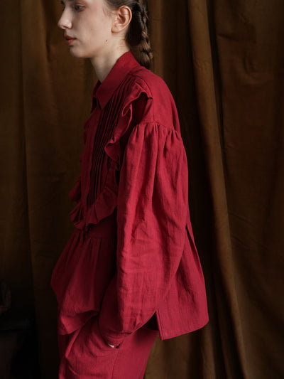 Unlogical Poem Victorian style Pleated Yellow/Red Ramie Shirt