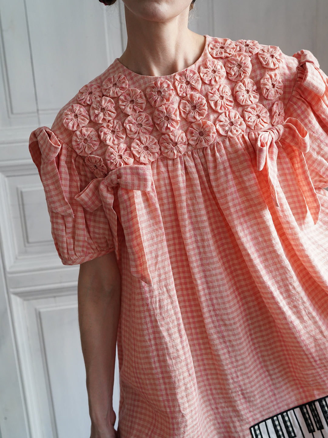 Unlogical Poem Handmade Yoyo Flower Bow Piano Embroidered Linen Bud Dress