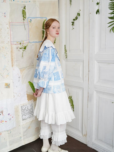 Unlogical Poem  Cape Collar Embroidery  Print and Puff Sleeves Blouse