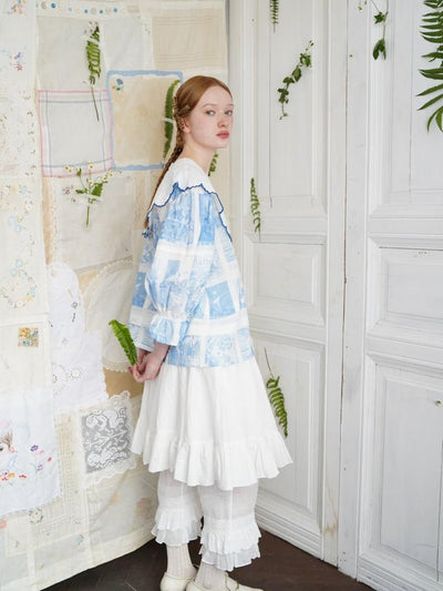 Unlogical Poem  Cape Collar Embroidery  Print and Puff Sleeves Blouse