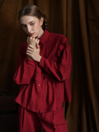 Unlogical Poem Victorian style Pleated Yellow/Red Ramie Shirt