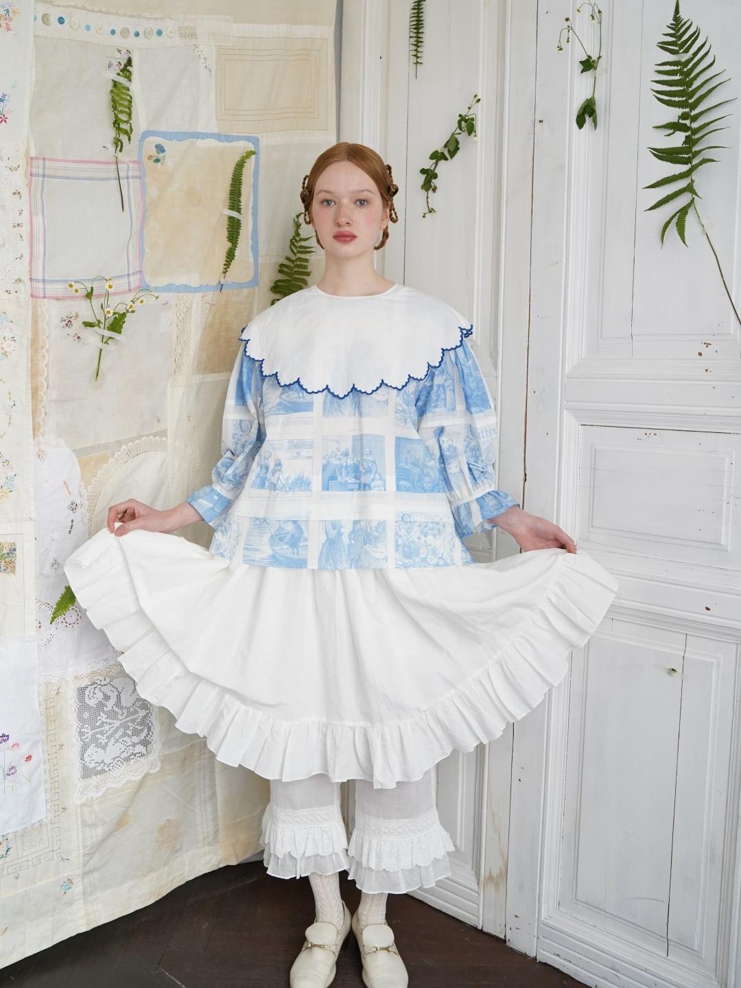 Unlogical Poem  Cape Collar Embroidery  Print and Puff Sleeves Blouse
