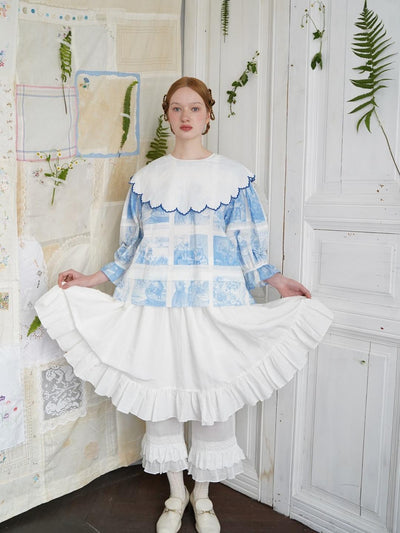 Unlogical Poem  Cape Collar Embroidery  Print and Puff Sleeves Blouse