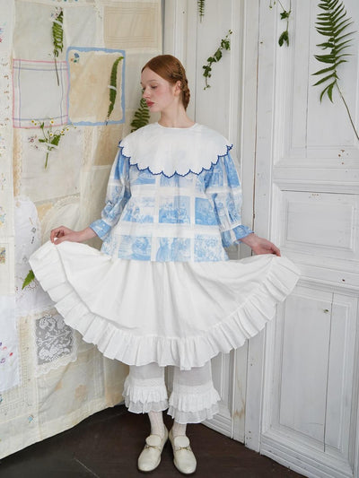 Unlogical Poem Double-Layered Printed Mesh Skirt with Petal Ruffles and Bubble Hem