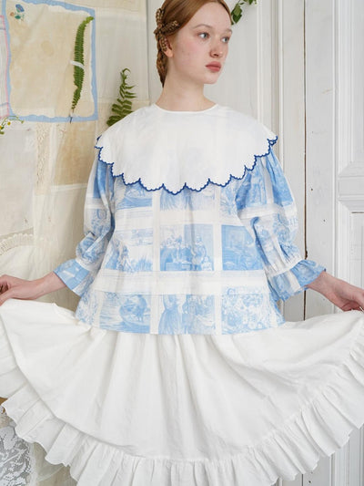 Unlogical Poem  Cape Collar Embroidery  Print and Puff Sleeves Blouse