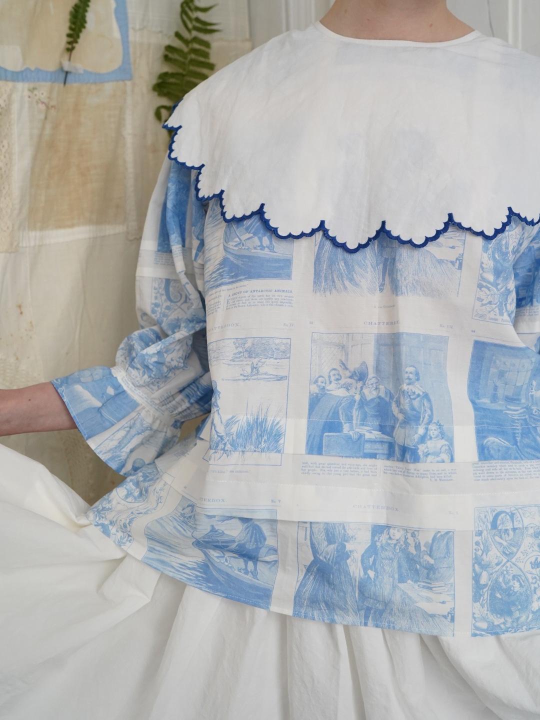 Unlogical Poem  Cape Collar Embroidery  Print and Puff Sleeves Blouse