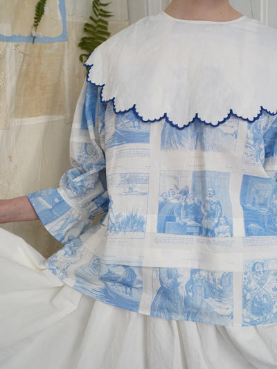 Unlogical Poem  Cape Collar Embroidery  Print and Puff Sleeves Blouse
