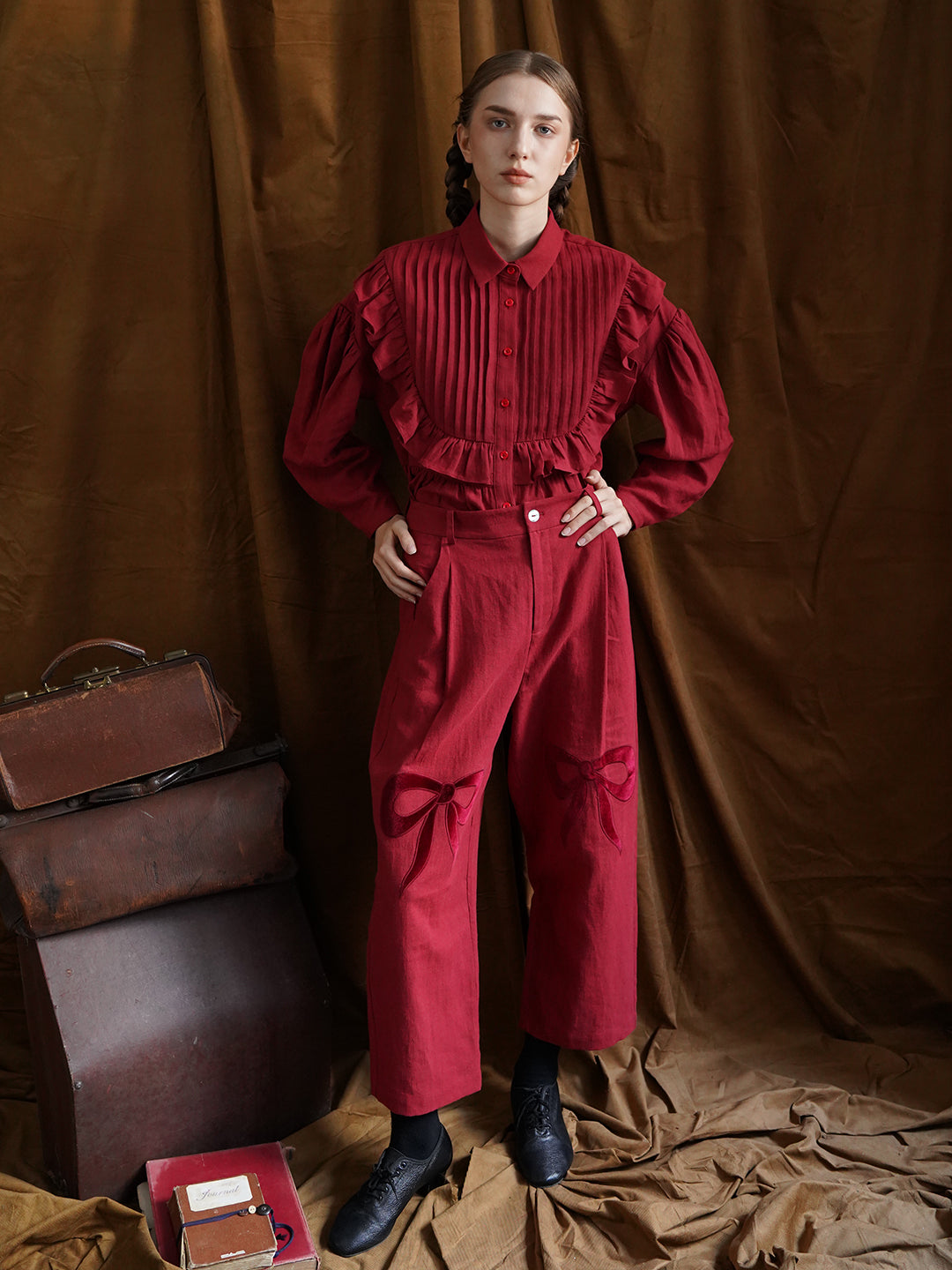 Unlogical Poem Victorian style Pleated Yellow/Red Ramie Shirt