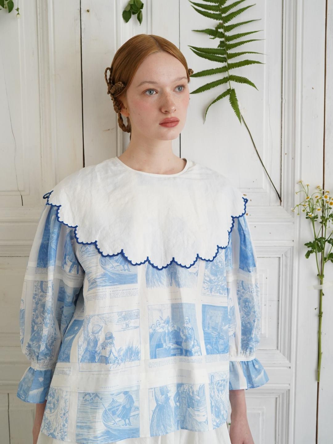 Unlogical Poem  Cape Collar Embroidery  Print and Puff Sleeves Blouse