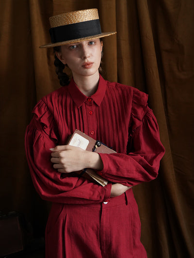 Unlogical Poem Victorian style Pleated Yellow/Red Ramie Shirt