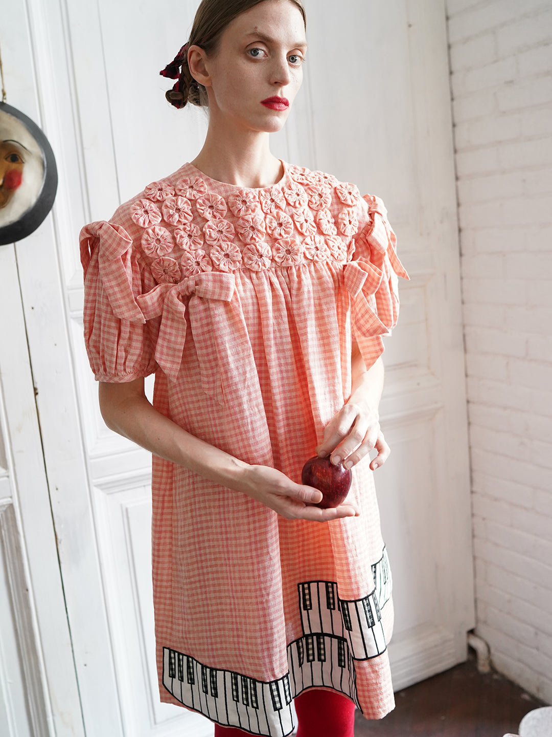 Unlogical Poem Handmade Yoyo Flower Bow Piano Embroidered Linen Bud Dress