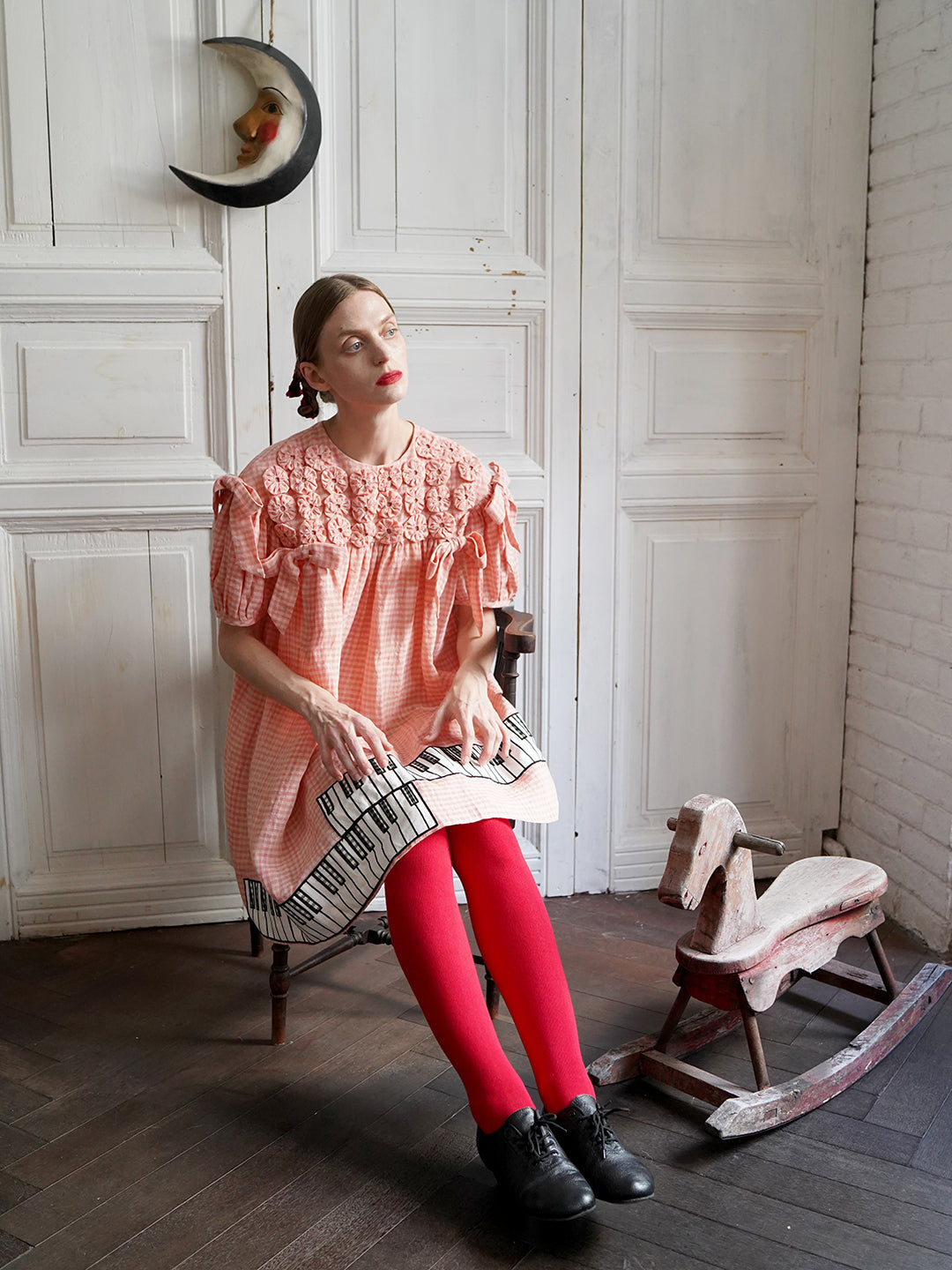 Unlogical Poem Handmade Yoyo Flower Bow Piano Embroidered Linen Bud Dress