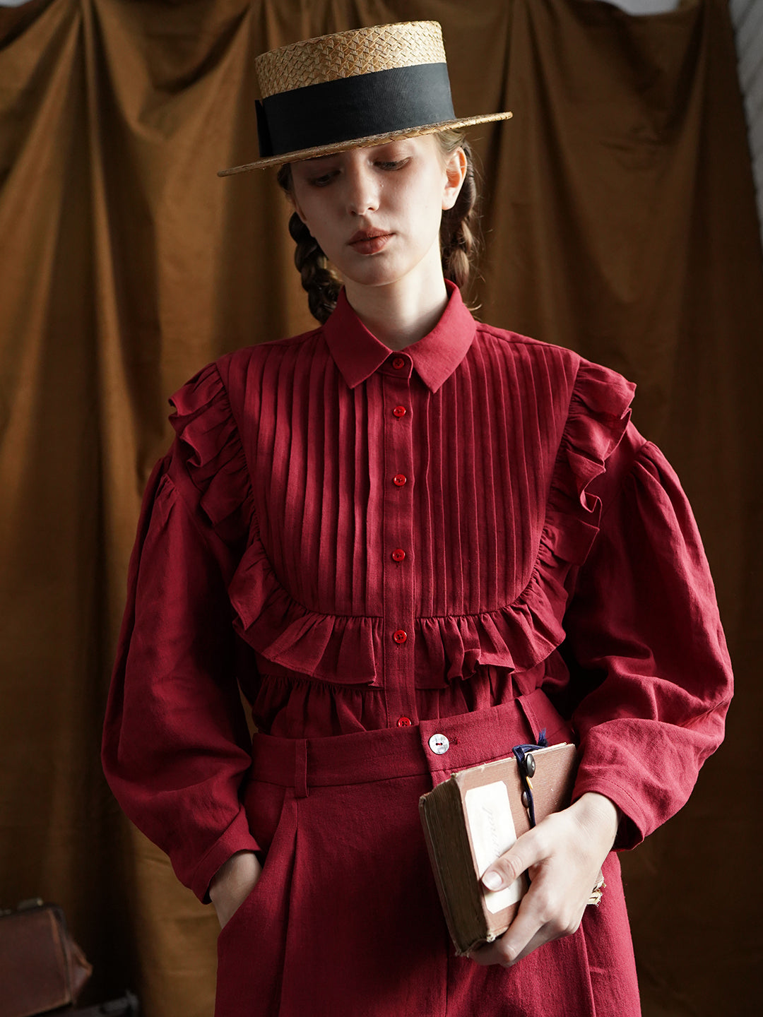 Unlogical Poem Victorian style Pleated Yellow/Red Ramie Shirt