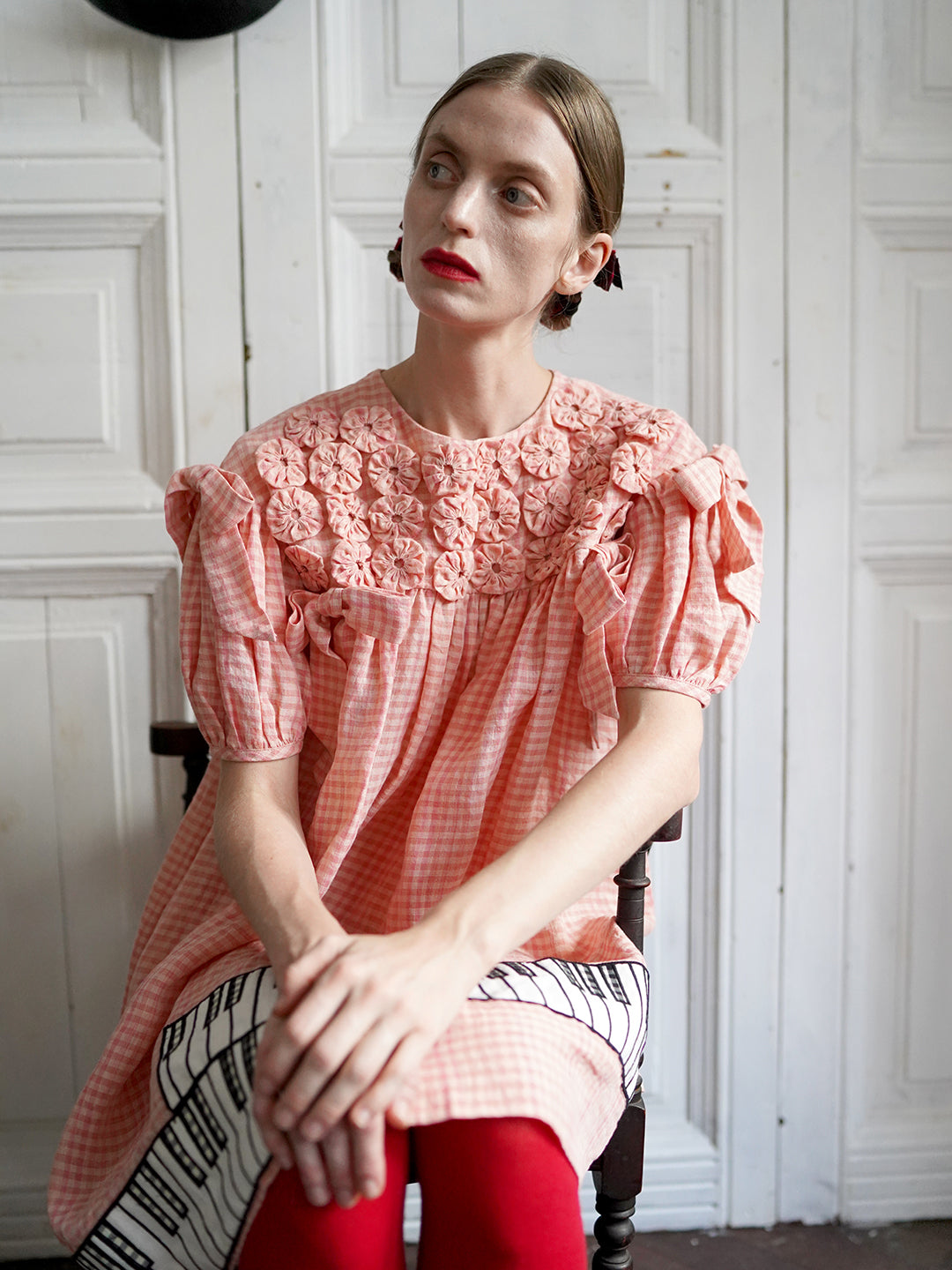 Unlogical Poem Handmade Yoyo Flower Bow Piano Embroidered Linen Bud Dress