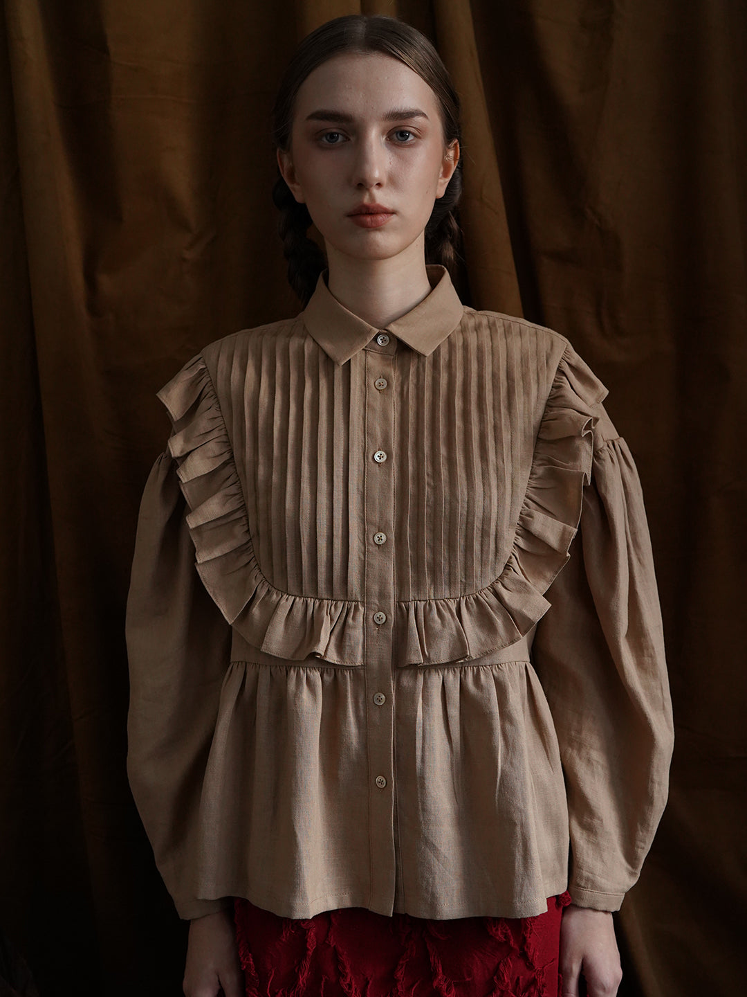 Unlogical Poem Victorian style Pleated Yellow/Red Ramie Shirt