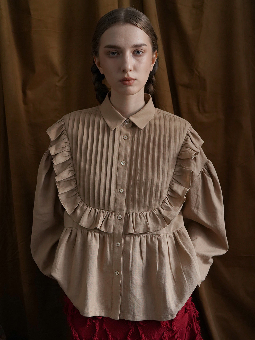 Unlogical Poem Victorian style Pleated Yellow/Red Ramie Shirt