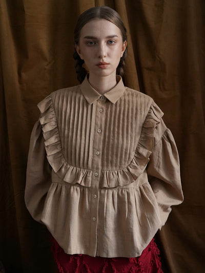 Unlogical Poem Victorian style Pleated Yellow/Red Ramie Shirt