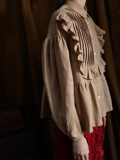 Unlogical Poem Victorian style Pleated Yellow/Red Ramie Shirt